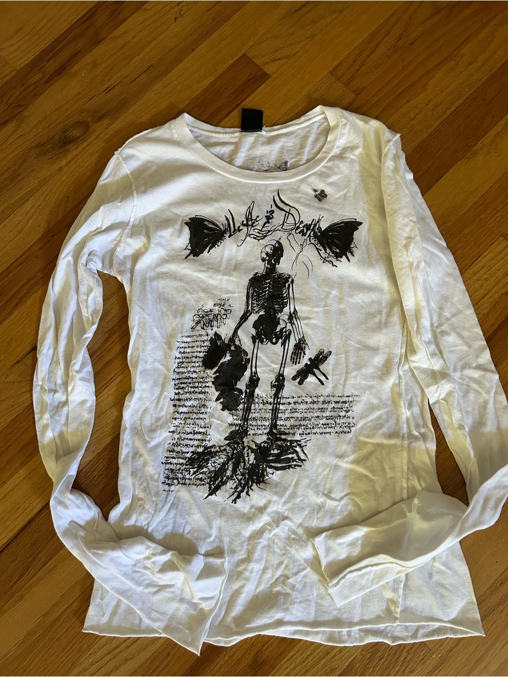 Life and Death White Long Sleeve  Tee with Skeleton Print Size M